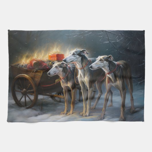 Greyhound Snowy Sleigh Kerstmisdecor Theedoek (Horizontaal)
