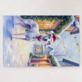 Greyhound Snowy Village Santa Hat Christmas Art Legpuzzel (Horizontaal)