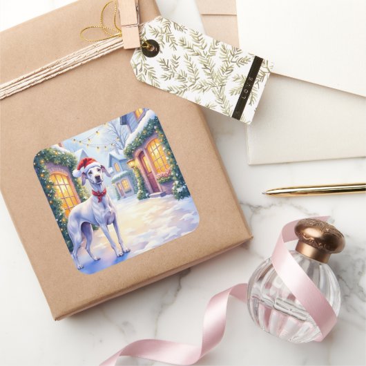 Greyhound Snowy Village Santa Hat Christmas Art Vierkante Sticker (Geschenken)