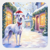 Greyhound Snowy Village Santa Hat Christmas Art Vierkante Sticker (Voorkant)