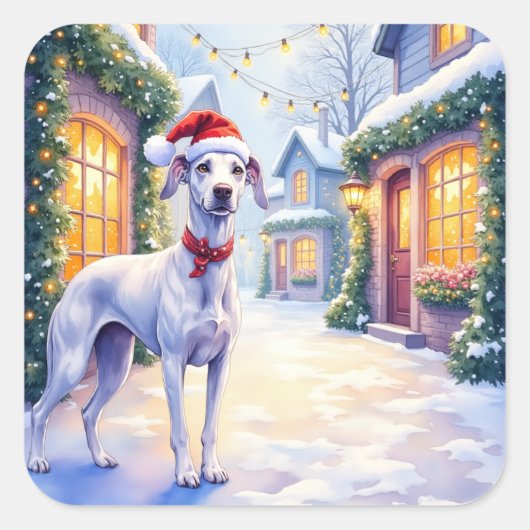 Greyhound Snowy Village Santa Hat Christmas Art Vierkante Sticker (Voorkant)