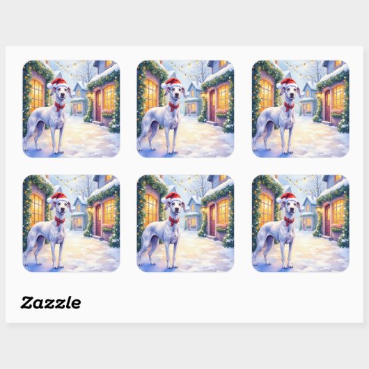 Greyhound Snowy Village Santa Hat Christmas Art Vierkante Sticker (Vel)
