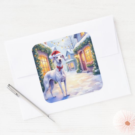Greyhound Snowy Village Santa Hat Christmas Art Vierkante Sticker (Envelop)
