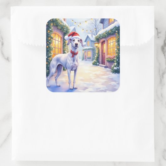 Greyhound Snowy Village Santa Hat Christmas Art Vierkante Sticker (Tas)
