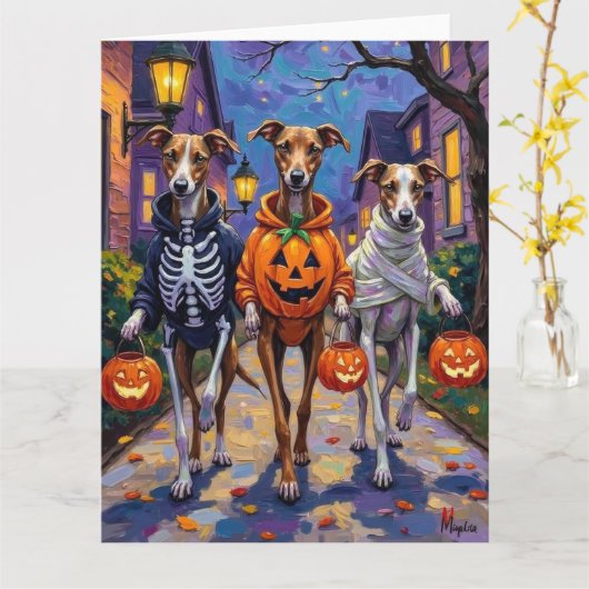 Greyhound Trick-or-Treating in Halloween kostuums Kaart (Gele Bloem)
