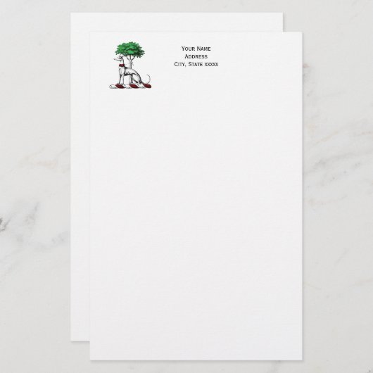 Greyhound Whippet met Boom Heraldic Crest Embleem Briefpapier (Voorkant / Achterkant)