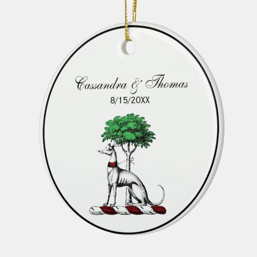 Greyhound Whippet met Boom Heraldic Crest Embleem Keramisch Ornament (Links)