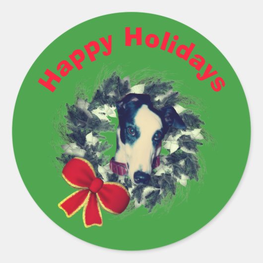 Greyhound Wreath Kerstfeestdag Ronde Sticker (Voorkant)