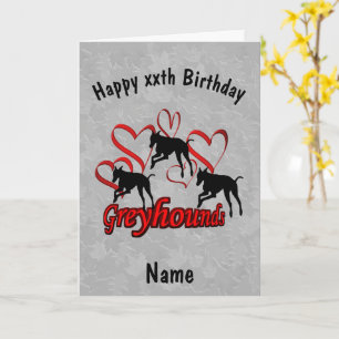 Greyhounds and Red Hearts Birthday Kaart