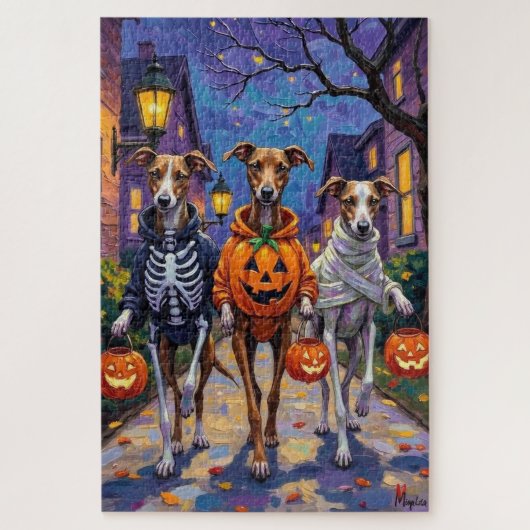 Greyhounds gaan langs de deuren in Halloween-kostu Legpuzzel (Verticaal)