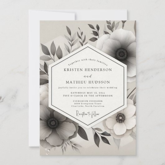 Greyscale Ink Wash Anemone Wedding Kaart (Voorkant)