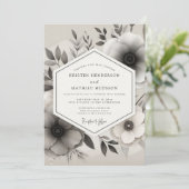 Greyscale Ink Wash Anemone Wedding Kaart (Staand voorkant)