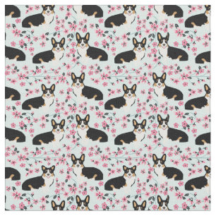 Gricolored Corgi Cherry Blossom fabric - blauw Stof