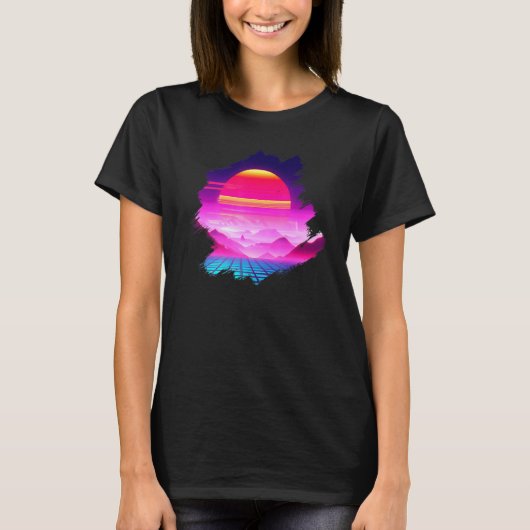 Grid Mountains Sunset Over Canyon Synthwave Landsc T-shirt (Voorkant)
