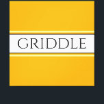 GRIDDLE Helder Gouden Gele Witte Strepen Tekst Canvas Afdruk<br><div class="desc">Dit leuke,  nostalgische ontwerp heeft GRIDDLE tekst in een brede witte middenstreep gemarkeerd met zwarte strepen en zwevende lichtgele strepen tegen een felle brede gouden gele achtergrond. De tekst kan worden gepersonaliseerd.</div>