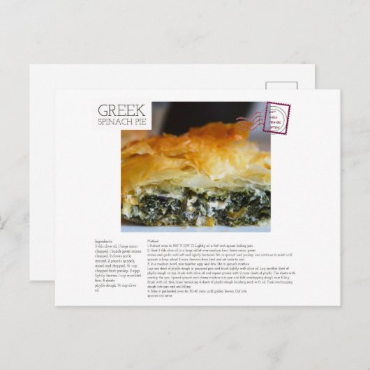 GRIEK Spinach Pie Recipe Briefkaart (Voorkant / Achterkant)