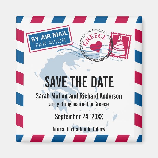 Griekenland Air Mail Bruiloft Save the Date Magneet (Voorkant)