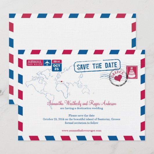 Griekenland Air Mail Wedding Save the Date (Voorkant / Achterkant)