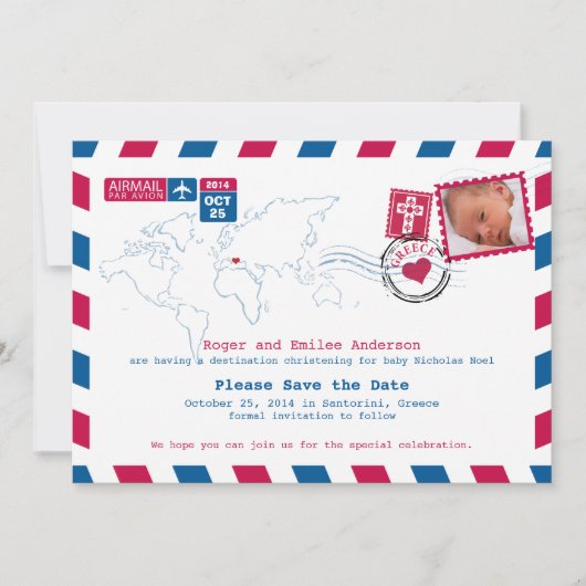 Griekenland Airmail Christening Baptism Save The Date (Voorkant)