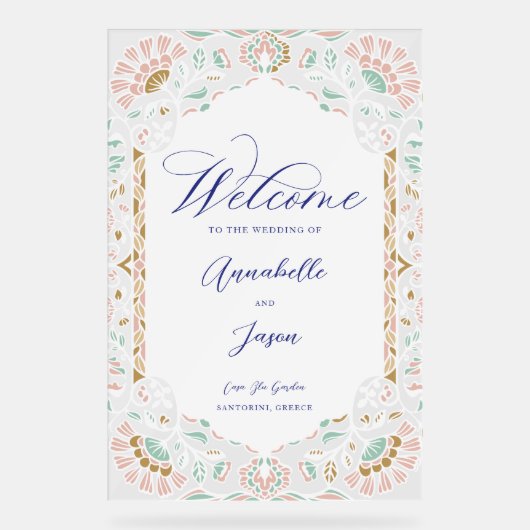 Griekenland Blauw Bloemen  Lijst Bruiloft Welkom Acryl Bord (Voorkant)