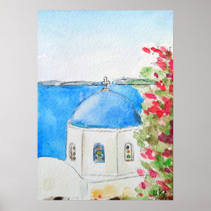 Griekenland blauw kerkinkt en waterverf poster