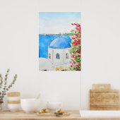 Griekenland blauw kerkinkt en waterverf poster (Keuken)