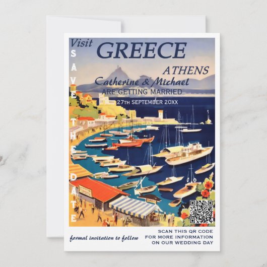 Griekenland Bruiloft Reizen Poster Stijl QR-code Save The Date (Voorkant)