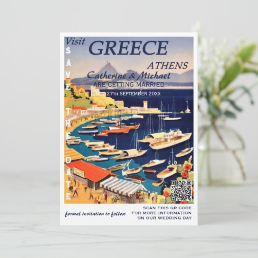 Griekenland Bruiloft Reizen Poster Stijl QR-code Save The Date (Staand voorkant)