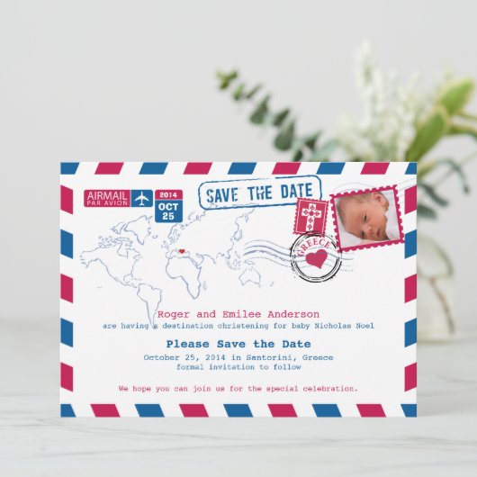 Griekenland Christening Baptism Save the Date (Staand voorkant)