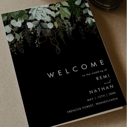 Griekenland en Gold Leaf | Black Folded Wedding Programma