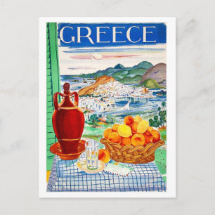 Griekenland, fruit op tafel, uitzicht door raam op briefkaart