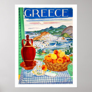 Griekenland, fruit op tafel, uitzicht door raam op poster