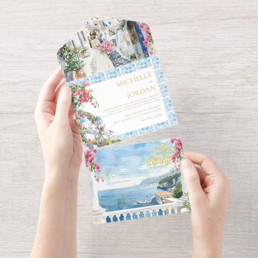 Griekenland | Geïllustreerde mediterrane bruiloft All In One Uitnodiging (Uittrekbaar)