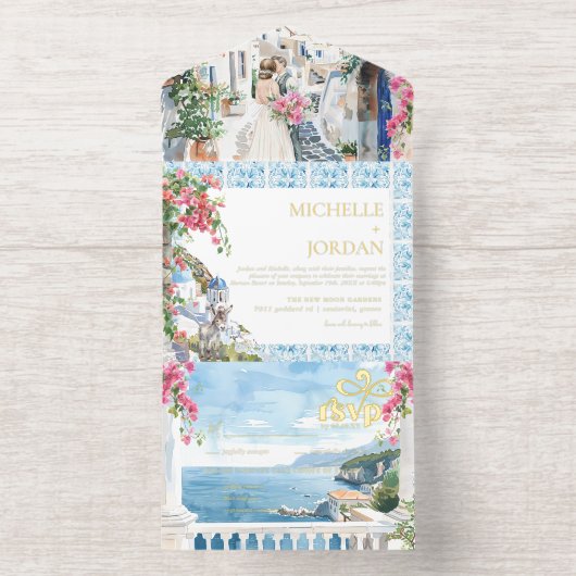 Griekenland | Geïllustreerde mediterrane bruiloft All In One Uitnodiging (Binnenkant)