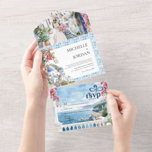 Griekenland | Geïllustreerde mediterrane bruiloft All In One Uitnodiging (Afscheurbaar)