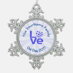 Griekenland Hart Vlag Blauw LIEFDE Gepersonaliseer Tin Sneeuwvlok Ornament