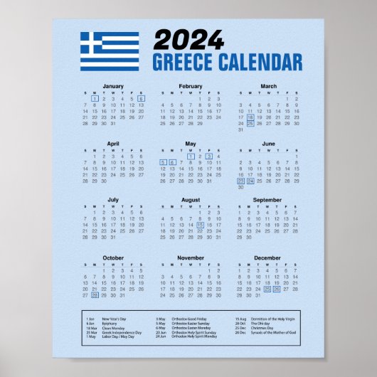 Griekenland Kalender met Grieks Feestdagen 2024 Do Poster (Voorkant)
