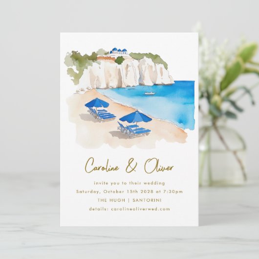 Griekenland Kust Waterverf Destination Wedding Kaart (Staand voorkant)