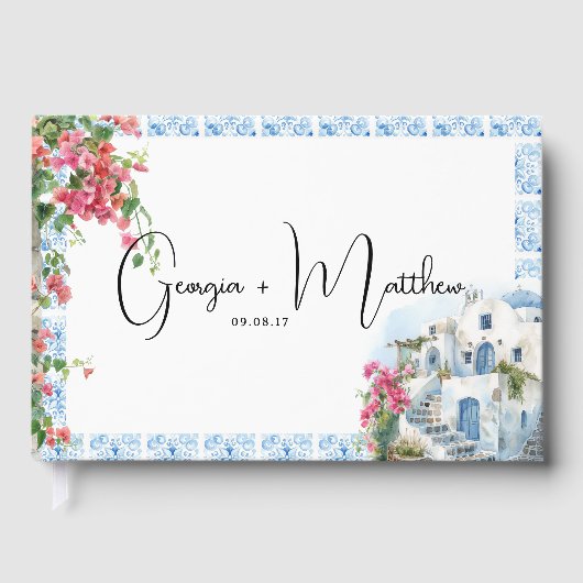 Griekenland Mediterraan Bloemen Tegel Huwelijk Gastenboek (Voorkant)