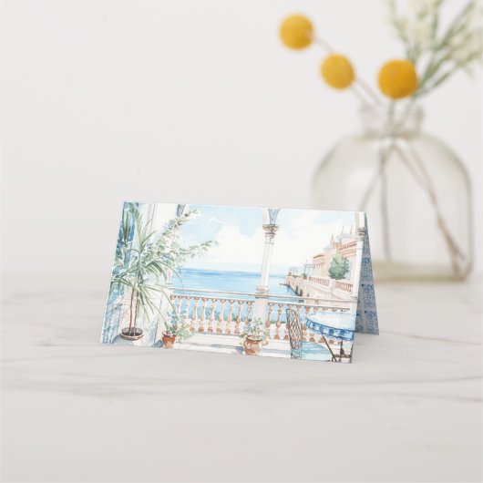 Griekenland Mediterraan Bloemen Tegel Huwelijk Plaatskaartje (Achterkant)