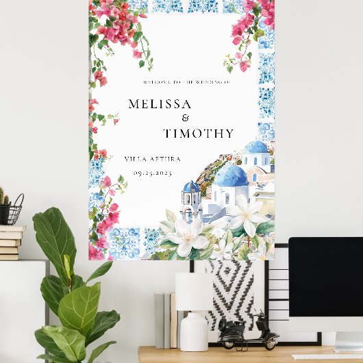 Griekenland Mediterraan Bloemen Tegel Huwelijk Wel Poster (Thuiskantoor)