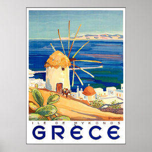 Griekenland, Mykonos-eiland, windmolen van het zee Poster
