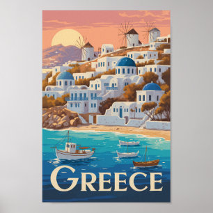 Griekenland Mykonos Illustration Travel Art Vintag Poster