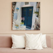 Griekenland: Oia Santorini: Blauwe deur wit Canvas Afdruk