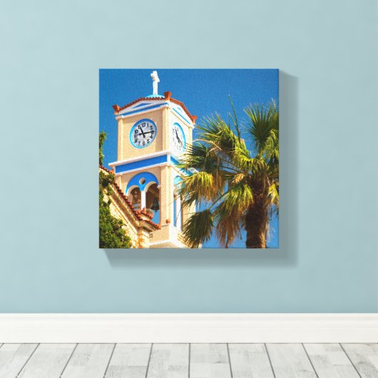 Griekenland - Orthodoxe Griekse kerk met palmboom Canvas Afdruk (Insitu (Houten vloer))