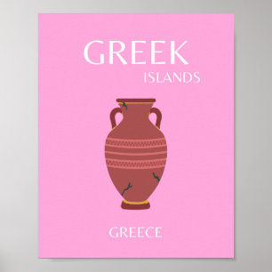 Griekenland, Reiskunst, Preppy, Retro Art, Roze Poster