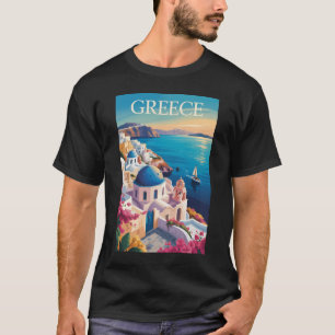 Griekenland Santorini Illustratie Reizen Art Vinta T-shirt