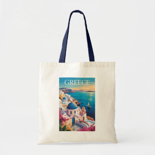 Griekenland Santorini Illustratie Reizen Art Vinta Tote Bag