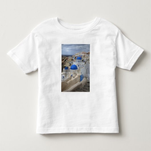 Griekenland, Santorini. Kellentoren en blauwe domp Kinder Shirts (Voorkant)