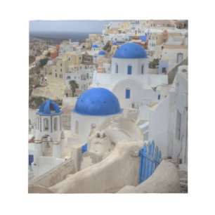 Griekenland, Santorini. Kellentoren en blauwe domp Notitieblok